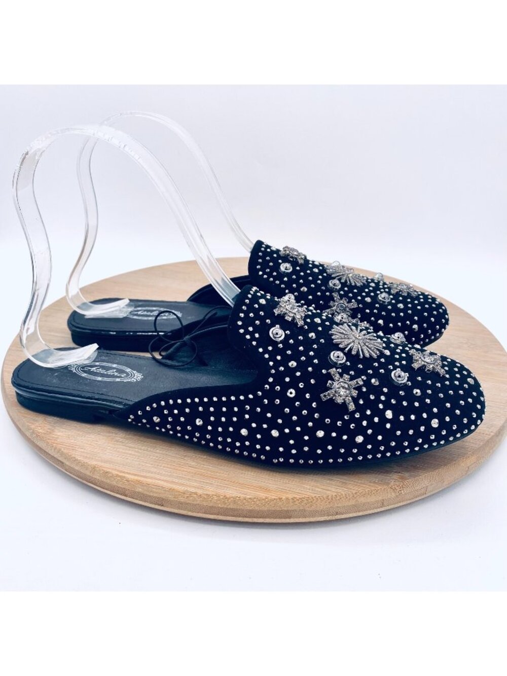 Atalina Womens Shoes 8 Black Leather Slip On Rhinestone Flats Mules Evening